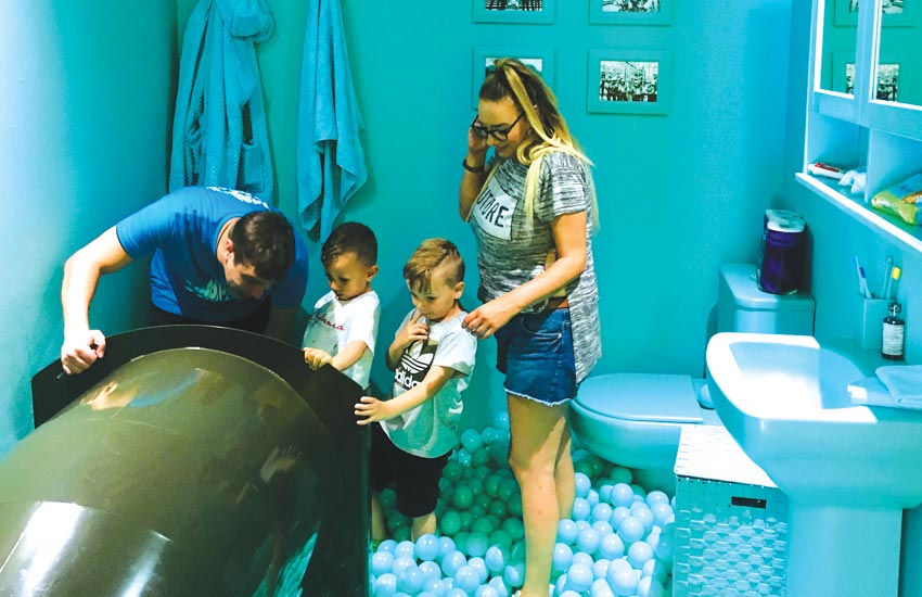 Inside the shipping container consumer experience for Yorkshire Water - blue room