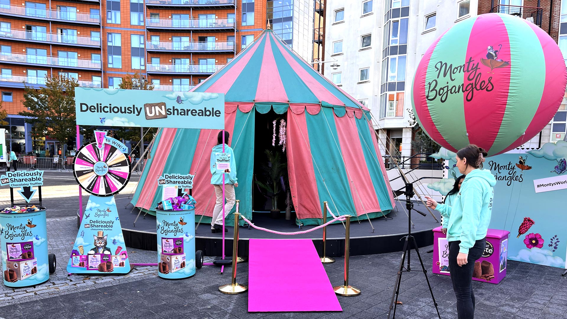 Monty Bojangles branded circus tent, sampling bins and hot air balloon for experiential marketing campaign