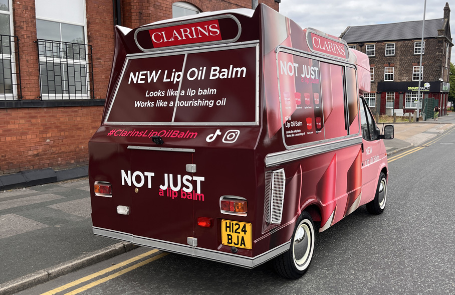 iMP branded promotional truck for Clarins fragrance and cosmetics sampling