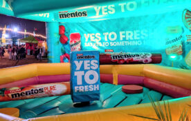 Inside the Mentos ‘Yes To Fresh’ inflatable installation at Barcode Festival featuring oversized gum props and branding