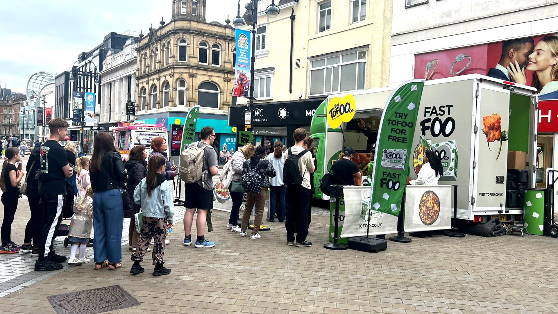 Queues of customers for Tofoo Sampling in Leeds