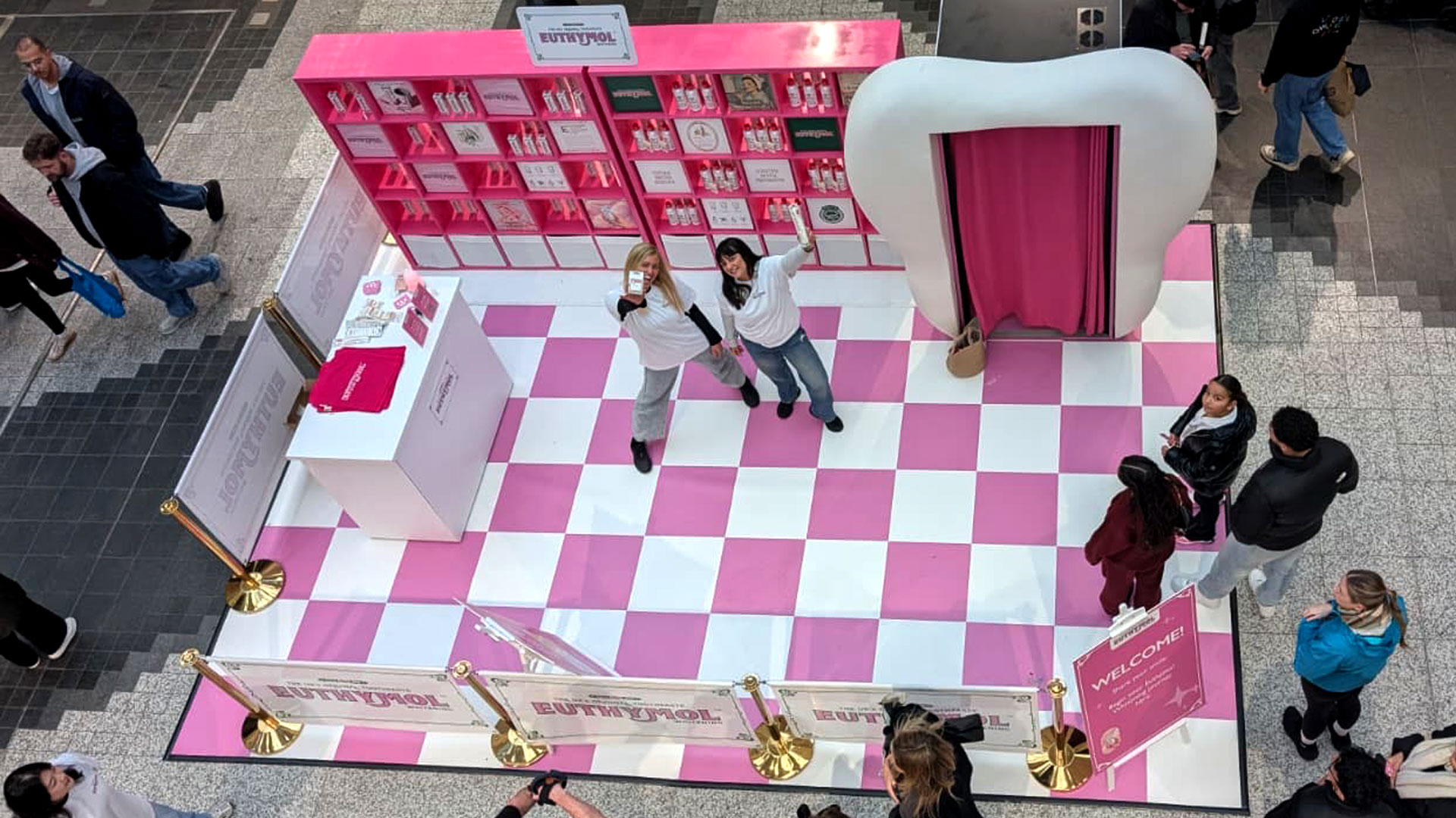 Brand activation and sampling pop up stand at Westfield London for Euthymol Toothpaste