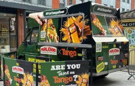 Close-up of Papa Johns x Tango branded ice cream van used for student sampling across UK university campuses