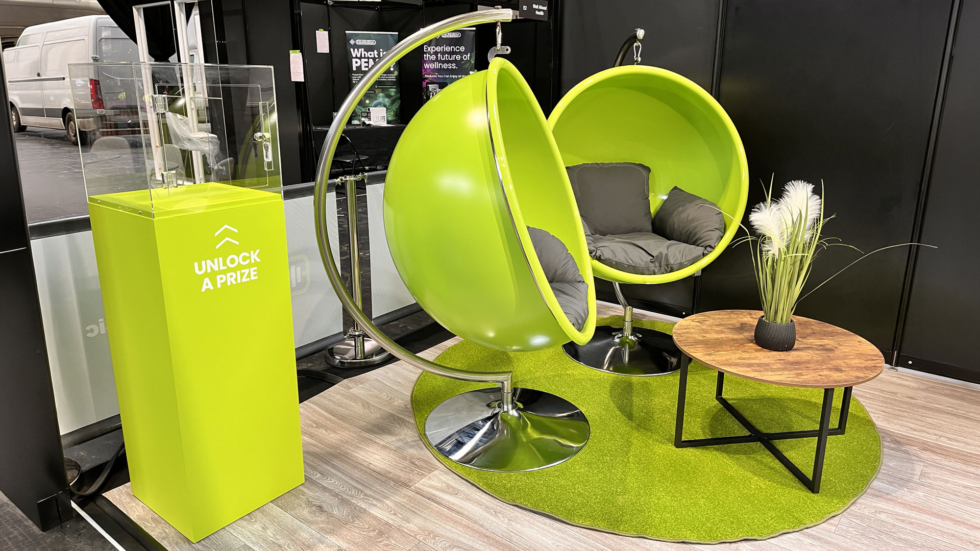 Custom painted bubble chairs on the Pure Energy Music exhibition stand