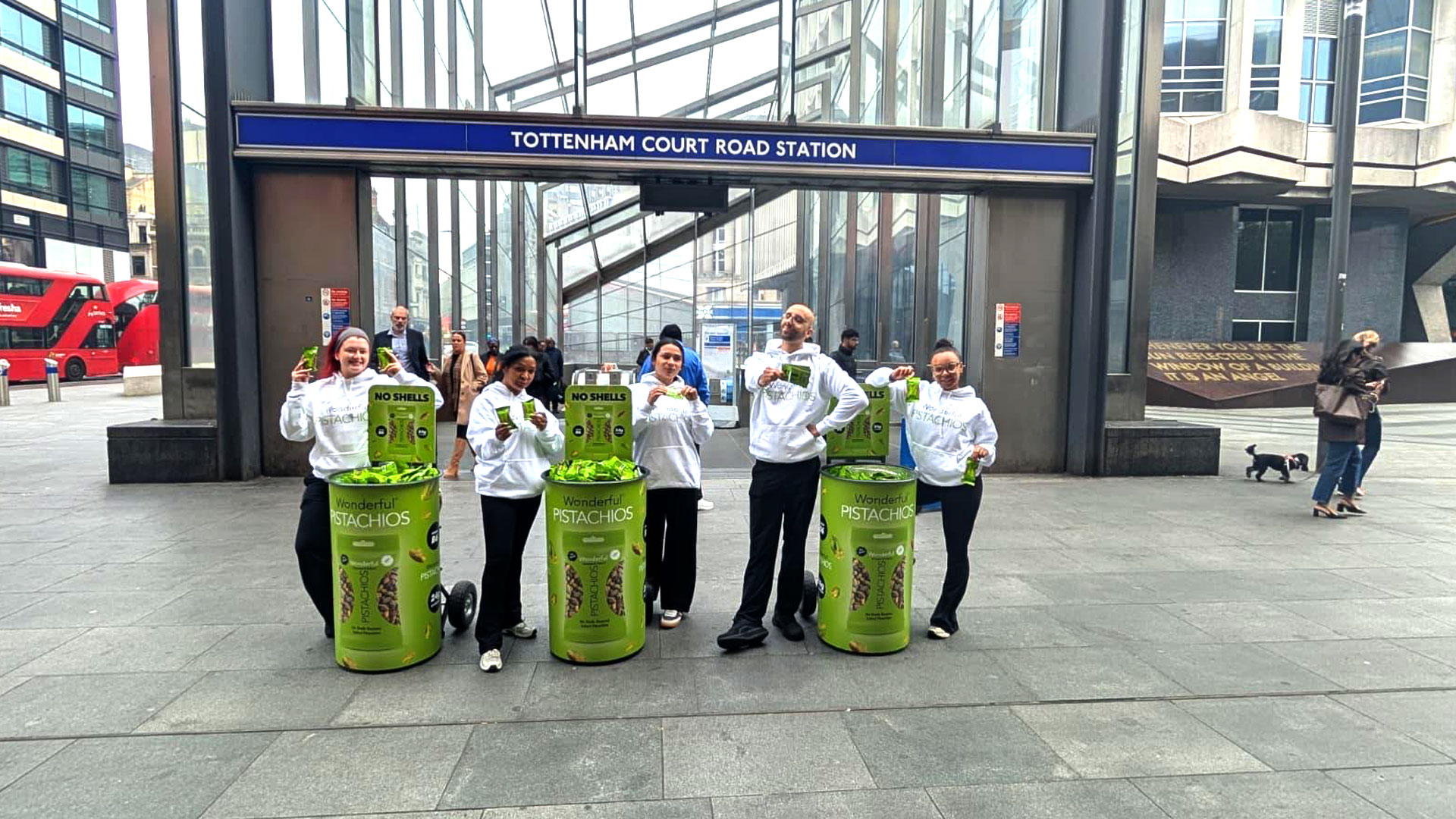 Product sampling outside Tottenham Court Road Tube station in London
