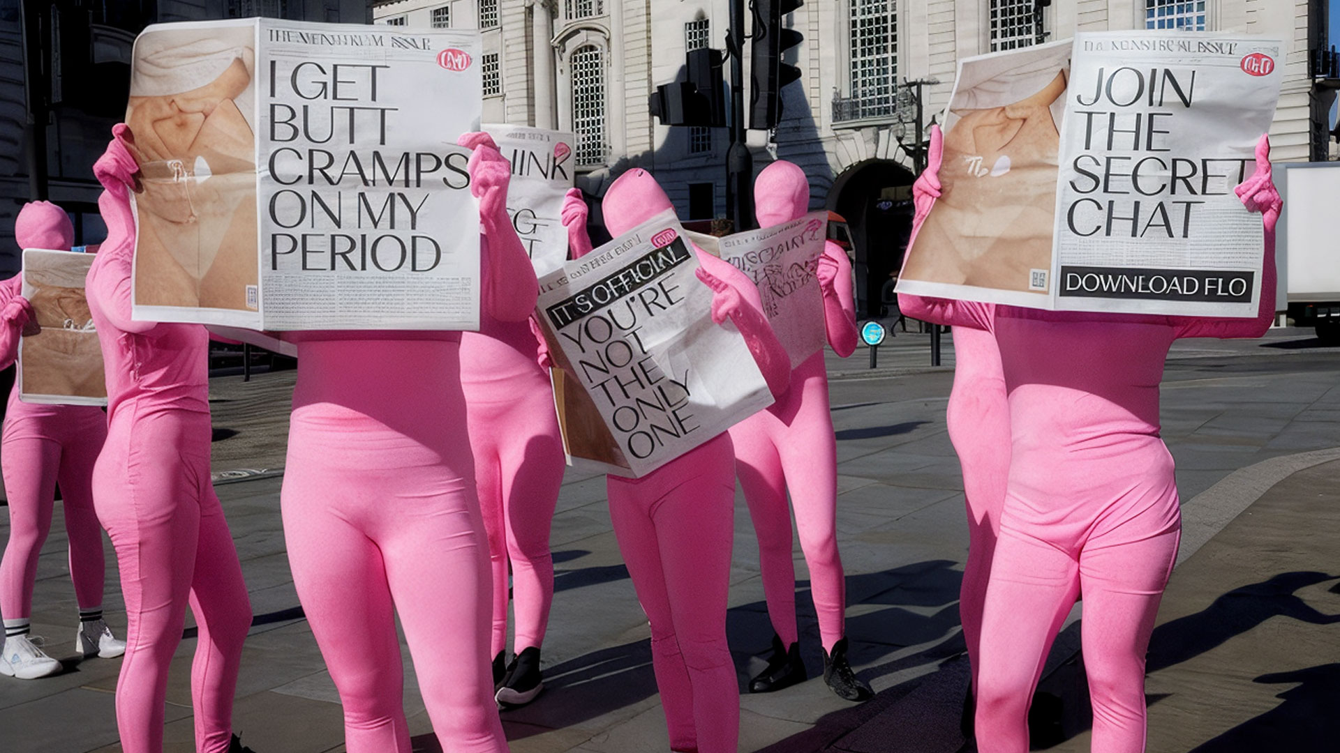 Butt cramps PR stunt joke newspaper and pink morph suits