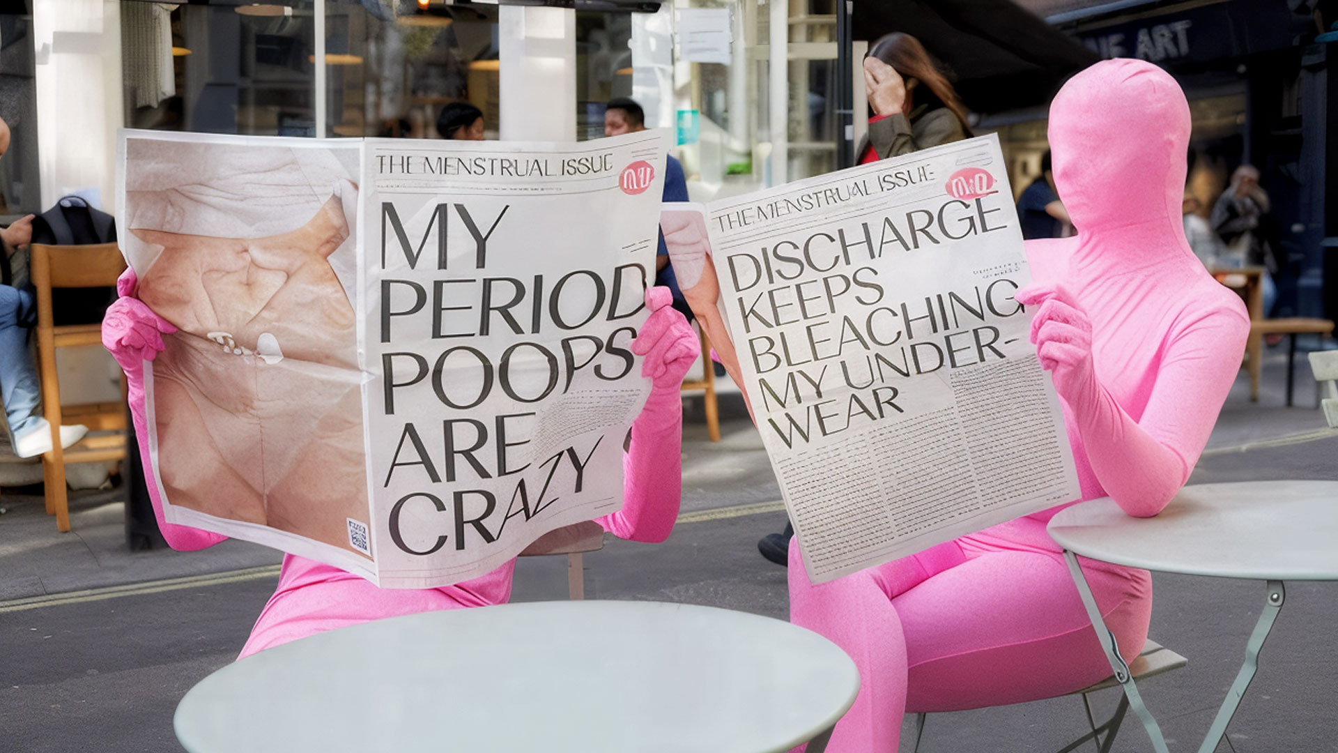 Two Flo App morph suit team reading fake newspapers in London