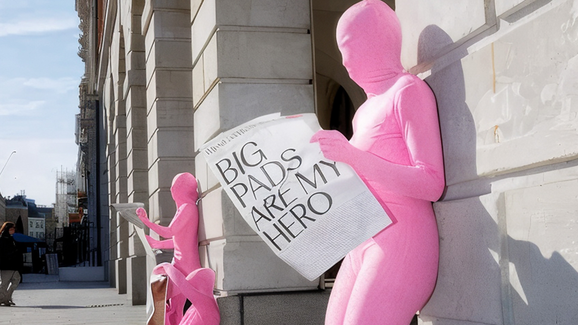 Pink morph suit Flo App reading newspaper in London