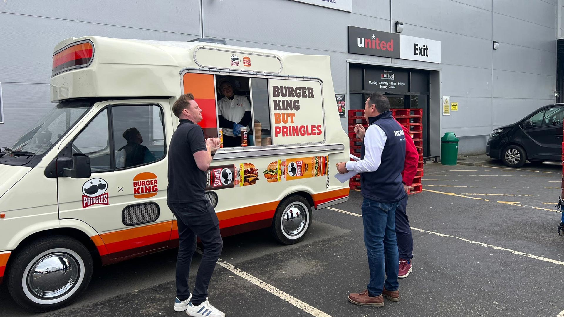 Pringles x Burger King branded ice cream van outside wholesale depot sampling